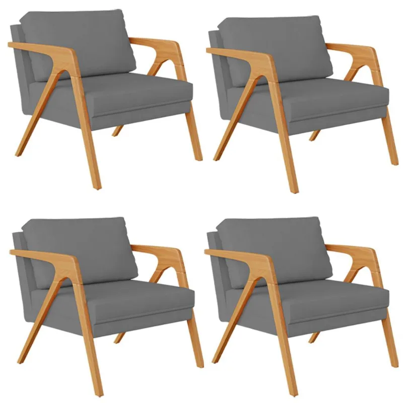 Kit 04 Poltronas Decorativa Para Sala Estar Pietra Estrutura De Madeira L02 Suede Cinza - Lyam Decor