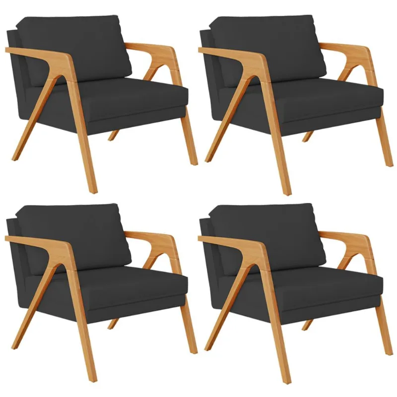 Kit 04 Poltronas Decorativa Para Sala Estar Pietra Estrutura De Madeira L02 Suede Preto - Lyam Decor