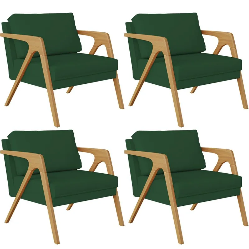 Kit 04 Poltronas Decorativas Sala Pietra Estrutura De Madeira L02 Suede Verde Musgo - Lyam Decor