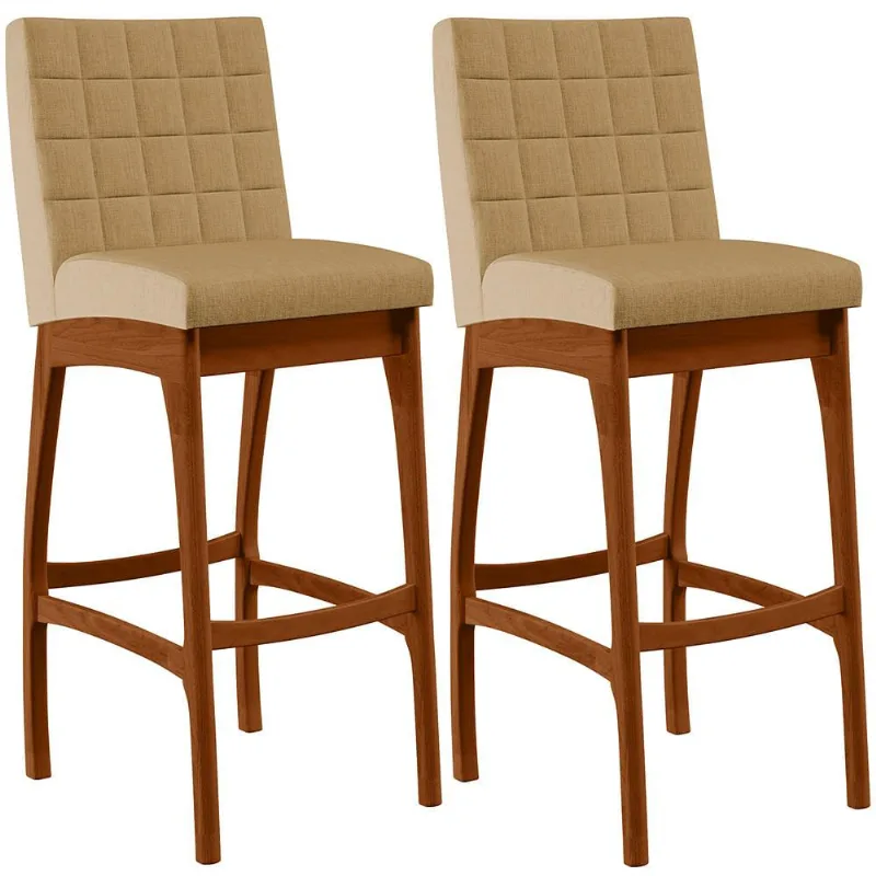 Kit 02 Banquetas Altas Para Cozinha Sala de Jantar Fixa Mila B04 Linho Bege Escuro - Lyam Decor - Lyam Decor
