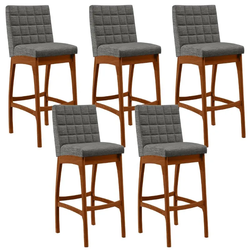 Kit 05 Banquetas Altas Para Cozinha Sala de Jantar Fixa Mila B04 Linho Cinza Escuro - Lyam Decor - Lyam Decor