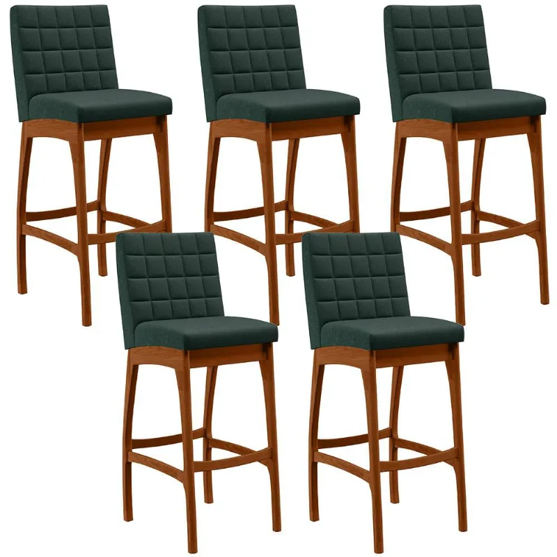 Kit 05 Banquetas Altas Para Cozinha Sala de Jantar Fixa Mila B04 Linho Verde Musgo - Lyam Decor - Lyam Decor
