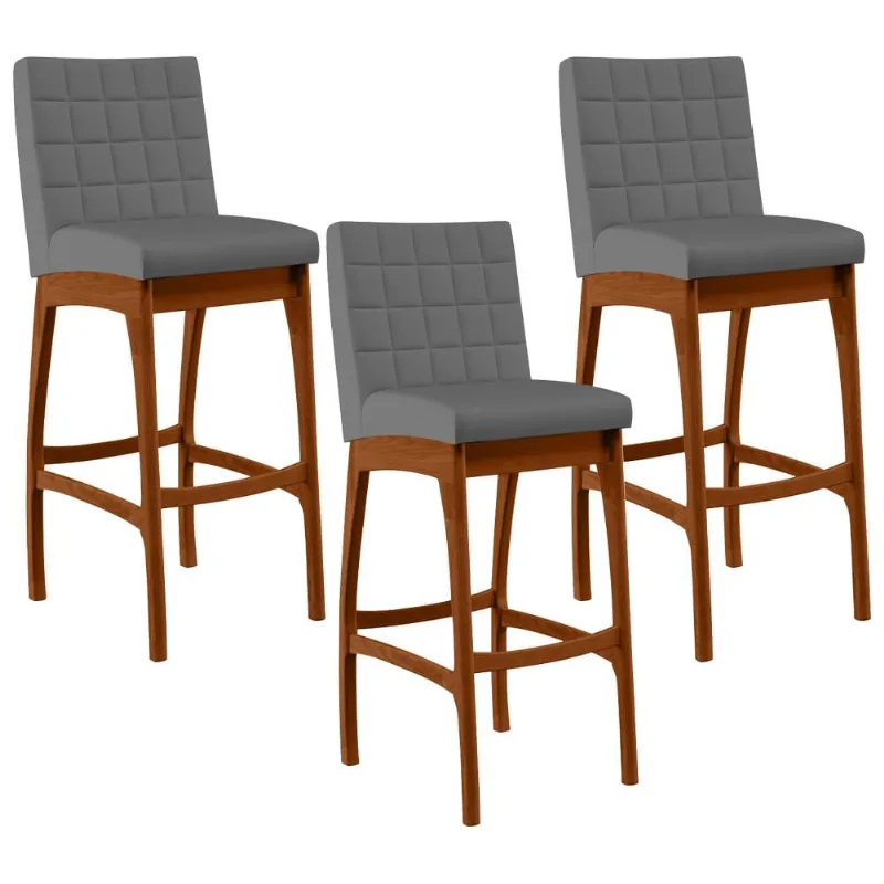 Kit 03 Banquetas Altas Para Cozinha Sala de Jantar Fixa Mila B04 Suede Cinza - Lyam Decor