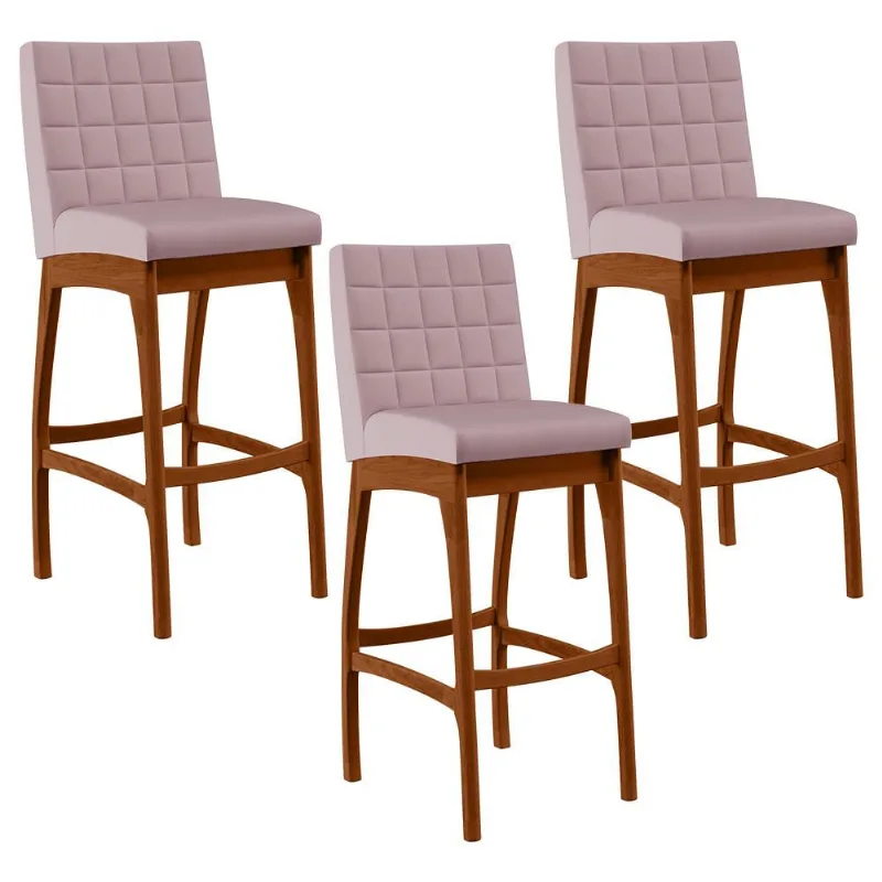 Kit 03 Banquetas Altas Para Cozinha Sala de Jantar Fixa Mila B04 Suede Rosê - Lyam Decor