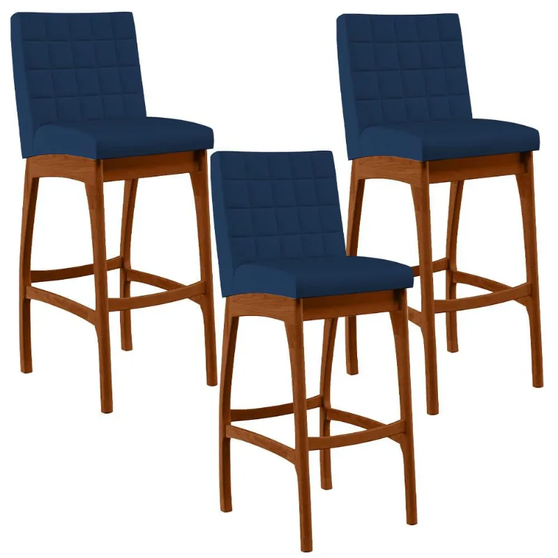 Kit 03 Banquetas Altas Para Cozinha Sala de Jantar Fixa Mila B04 Suede Azul Marinho - Lyam Decor
