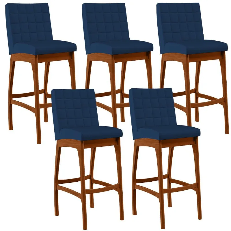 Kit 05 Banquetas Altas Para Cozinha Sala de Jantar Fixa Mila B04 Suede Azul Marinho - Lyam Decor - Lyam Decor