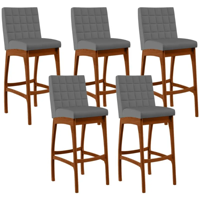 Kit 05 Banquetas Altas Para Cozinha Sala de Jantar Fixa Mila B04 Suede Cinza - Lyam Decor - Lyam Decor