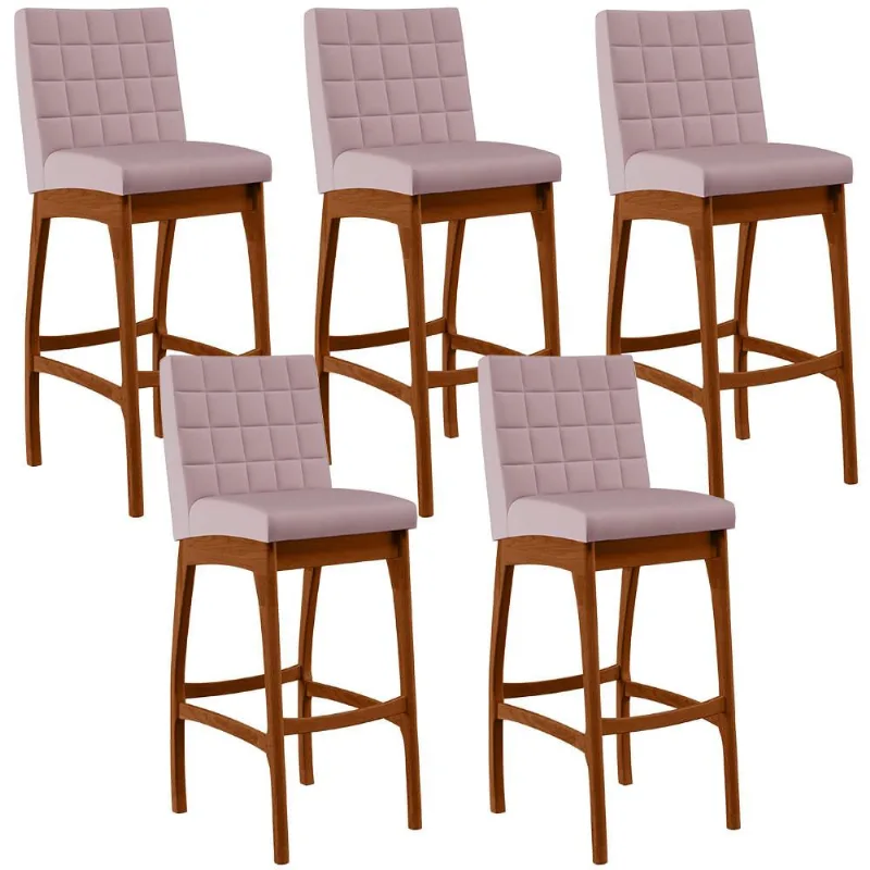 Kit 05 Banquetas Altas Para Cozinha Sala de Jantar Fixa Mila B04 Suede Rosê - Lyam Decor - Lyam Decor