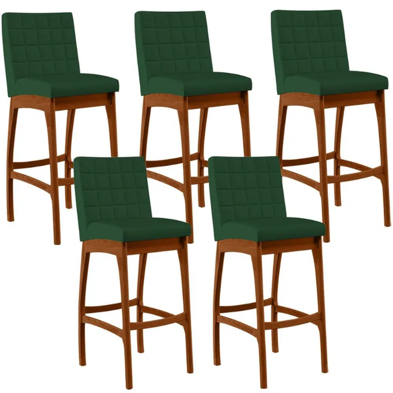Kit 05 Banquetas Altas Para Cozinha Sala de Jantar Fixa Mila B04 Suede Verde Musgo - Lyam Decor - Lyam Decor