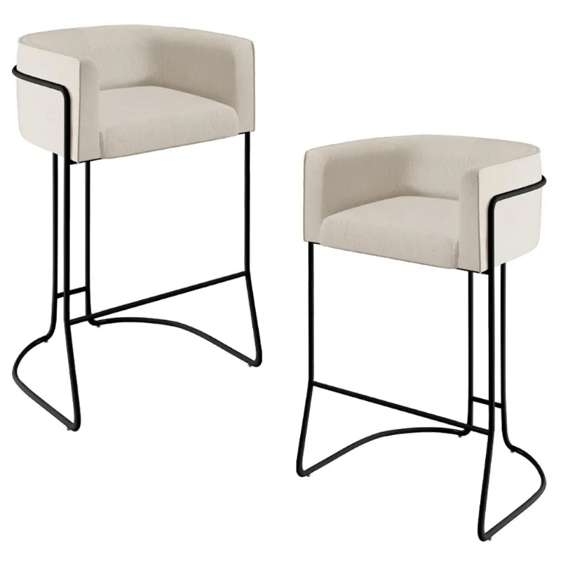 Kit 02 Banquetas Decorativas Fixas Base De Aço Preto Betina D02 Linho Cru C-443 - Lyam Decor