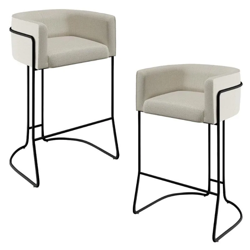Kit 02 Banquetas Fixa Preto Linho Champagne A-49 - Lyam Decor