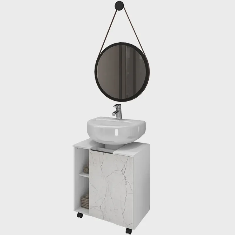 Gabinete de Coluna Para Banheiro Pequin Branco Carrara B02 com Espelho Adnet 54 cm Preto - Lyam Decor