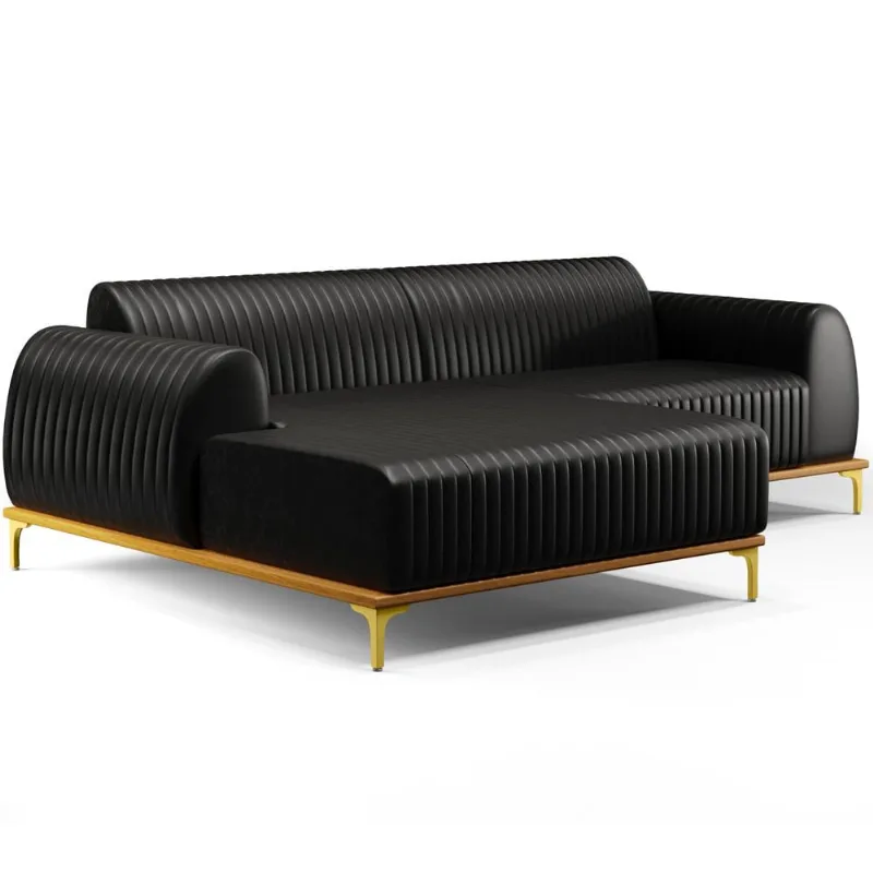 Sofá 5 Lugares com Chaise Esquerdo Sala Estar Molino 300cm D02 Couríssimo Preto B-159 - Lyam Decor - Lyam Decor
