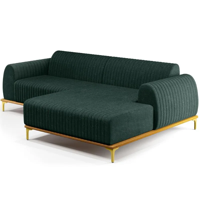 Sofá 5 Lugares com Chaise Direito Sala Estar Molino 320cm D02 Linho Verde Musgo C-117 - Lyam Decor - Lyam Decor