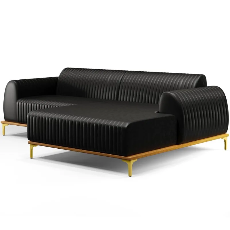 Sofá 4 Lugares com Chaise Direito Sala Estar Molino 265cm D02 Couríssimo Preto B-159 - Lyam Decor - Lyam Decor