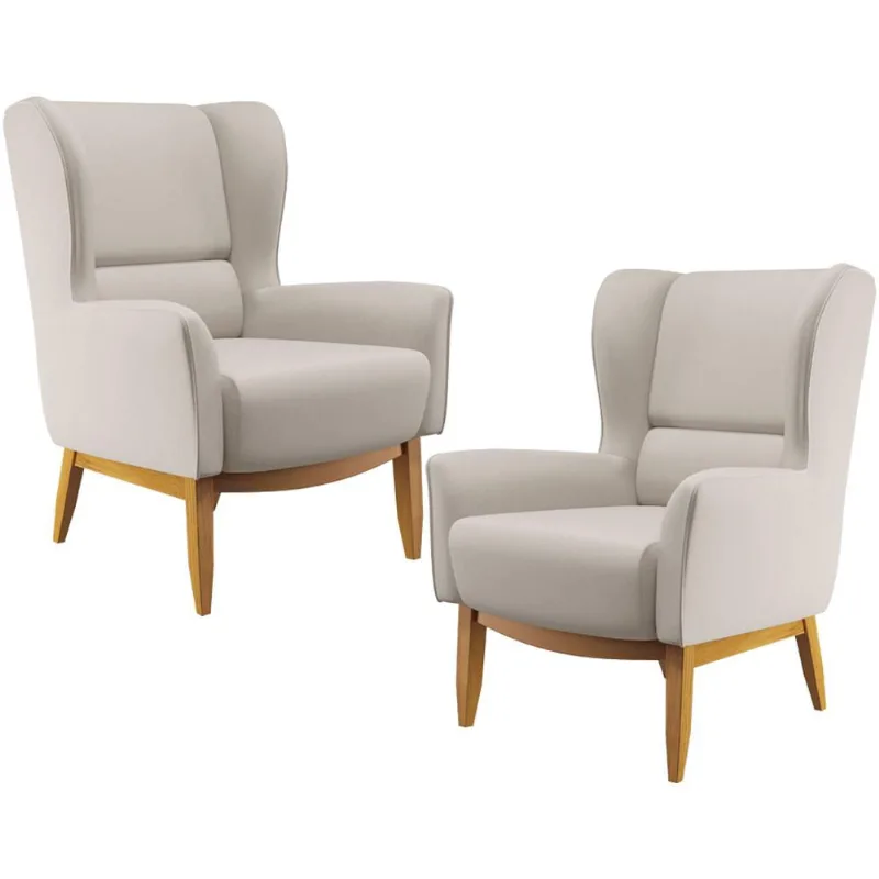 Kit 02 Poltronas Decorativa Fixa Base de Madeira Milena D02 Linho Cru C-443 - Lyam Decor - Lyam Decor