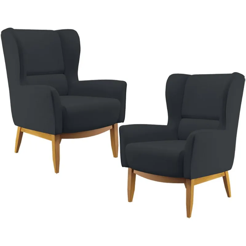 Kit 02 Poltronas Decorativa Fixa Base de Madeira Milena D02 Linho Chumbo D-465 - Lyam Decor