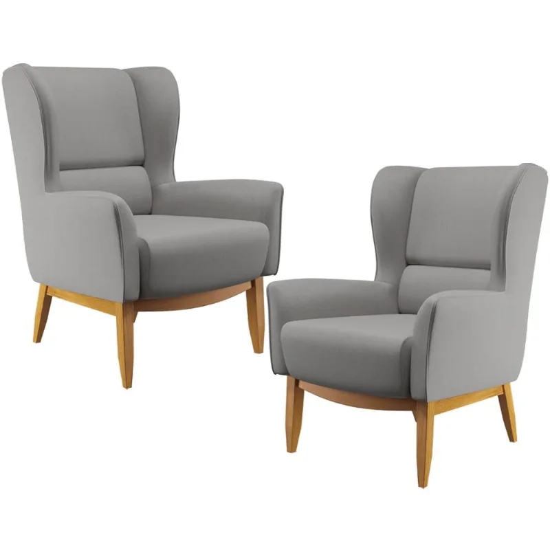Kit 02 Poltronas Decorativa Fixa Base de Madeira Milena D02 Linho Cinza Escuro C-416 - Lyam Decor - Lyam Decor