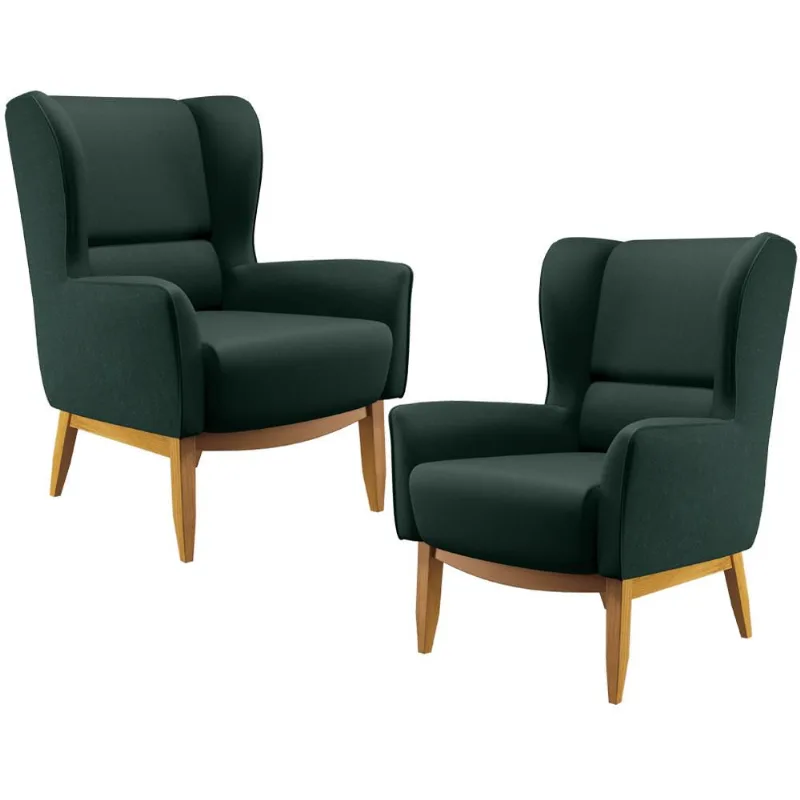 Kit 02 Poltronas Decorativa Fixa Base de Madeira Milena D02 Linho Verde C-117 - Lyam Decor - Lyam Decor