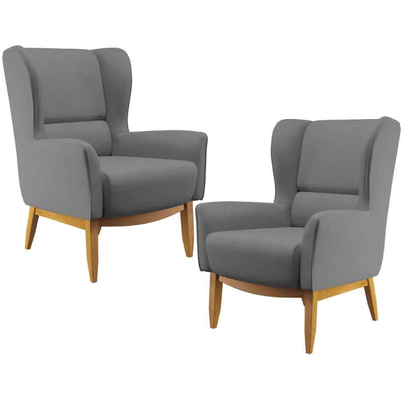 Kit 02 Poltronas Decorativa Fixa Base de Madeira Milena D02 Veludo Cinza C-317 - Lyam Decor