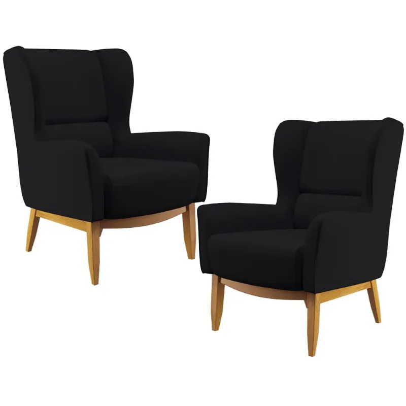 Kit 02 Poltronas Decorativa Fixa Base de Madeira Milena D02 Veludo Preto C-300 - Lyam Decor - Lyam Decor