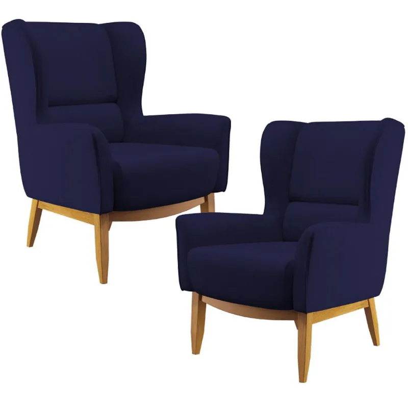 Kit 02 Poltronas Decorativa Fixa Base de Madeira Milena D02 Veludo Azul Marinho C-304 - Lyam Decor - Lyam Decor