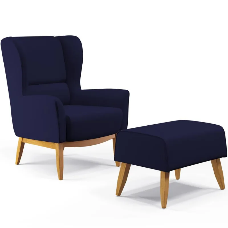 Kit Poltrona Decorativa Milena D02 com Puff Viseo Veludo Azul Marinho C-304 - Lyam Decor - Lyam Decor