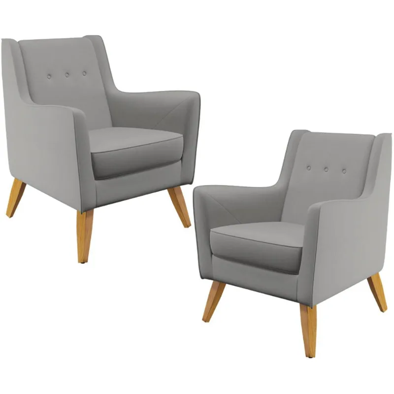 Kit 02 Poltronas Decorativas com Pés de Madeira Taroba D02 Linho Cinza Escuro C-416 - Lyam Decor