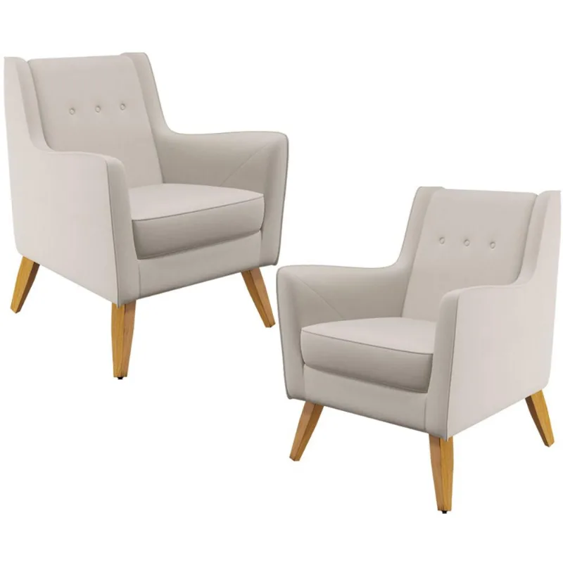 Kit 02 Poltronas Decorativas com Pés de Madeira Taroba D02 Linho Cru C-443 - Lyam Decor - Lyam Decor
