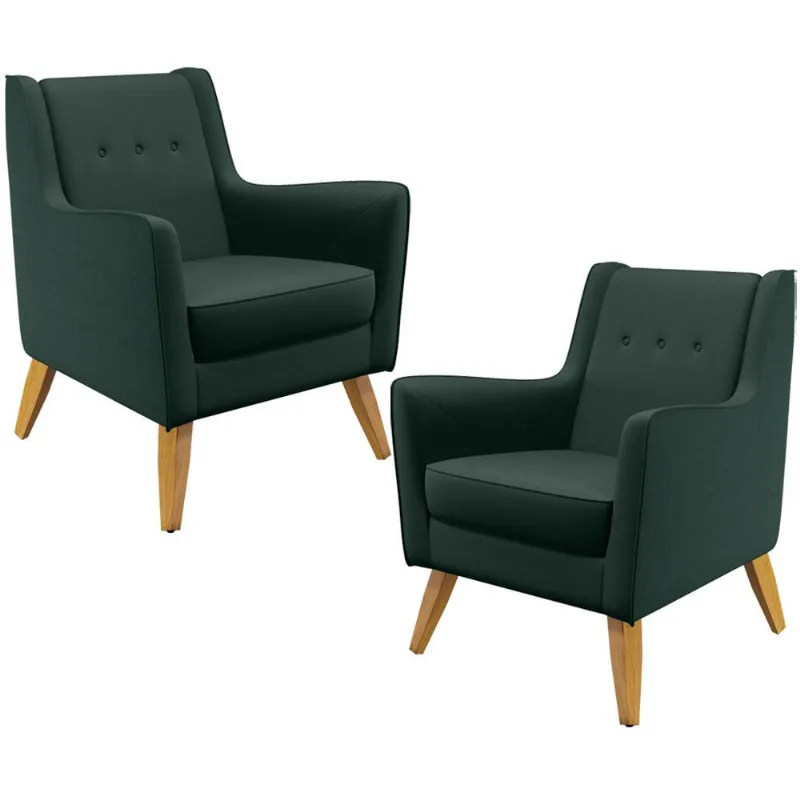 Kit 02 Poltronas Decorativas com Pés de Madeira Taroba D02 Linho Verde C-117 - Lyam Decor - Lyam Decor