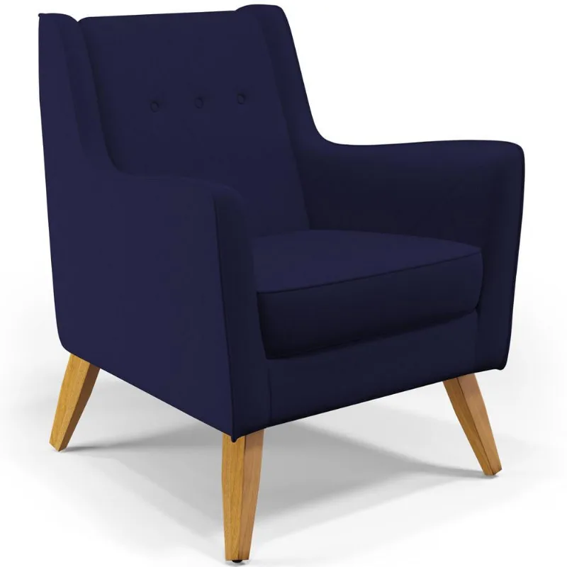 Poltrona Decorativa com Pés de Madeira Taroba D02 Veludo Azul Marinho C-304 - Lyam Decor - Lyam Decor