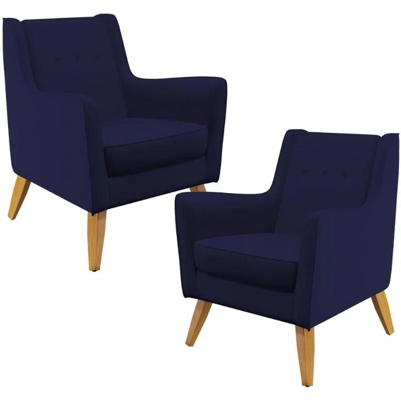 Kit 02 Poltronas Decorativas com Pés de Madeira Taroba D02 Veludo Azul Marinho C-304 - Lyam Decor - Lyam Decor