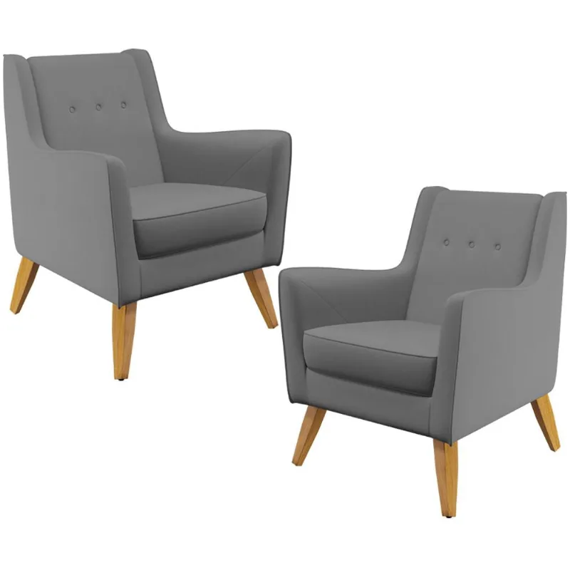 Kit 02 Poltronas Decorativas com Pés de Madeira Taroba D02 Veludo Cinza C-317 - Lyam Decor - Lyam Decor