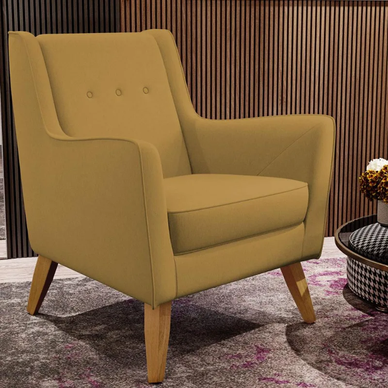 Poltrona Decorativa com Pés de Madeira Taroba D02 Veludo Mostarda C-260 - Lyam Decor - Lyam Decor
