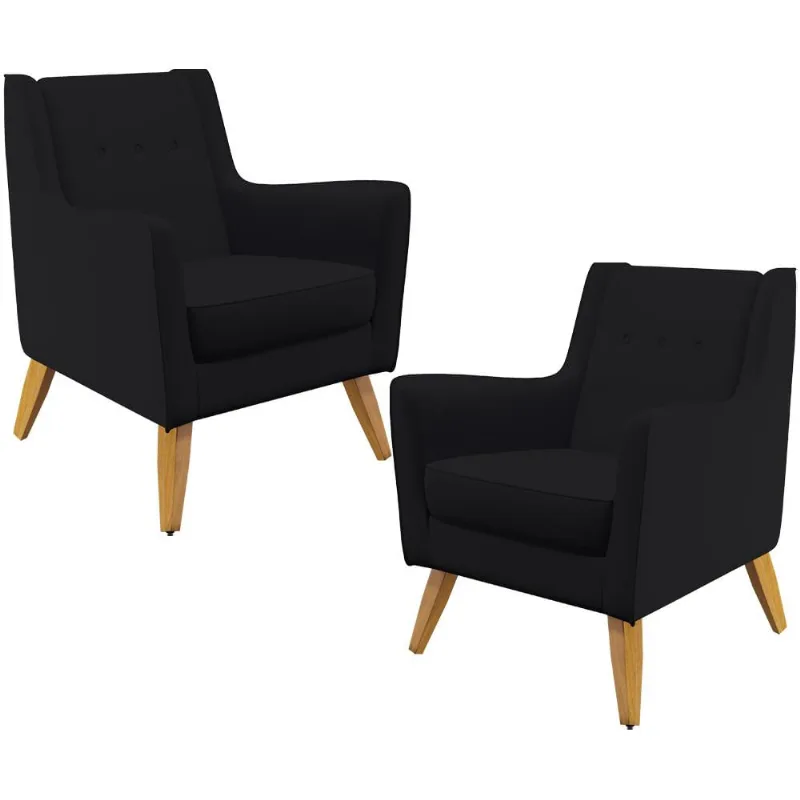 Kit 02 Poltronas Decorativas com Pés de Madeira Taroba D02 Veludo Preto C-300 - Lyam Decor - Lyam Decor