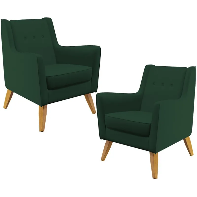 Kit 02 Poltronas Decorativas com Pés de Madeira Taroba D02 Veludo Verde Musgo C-303 - Lyam Decor - Lyam Decor