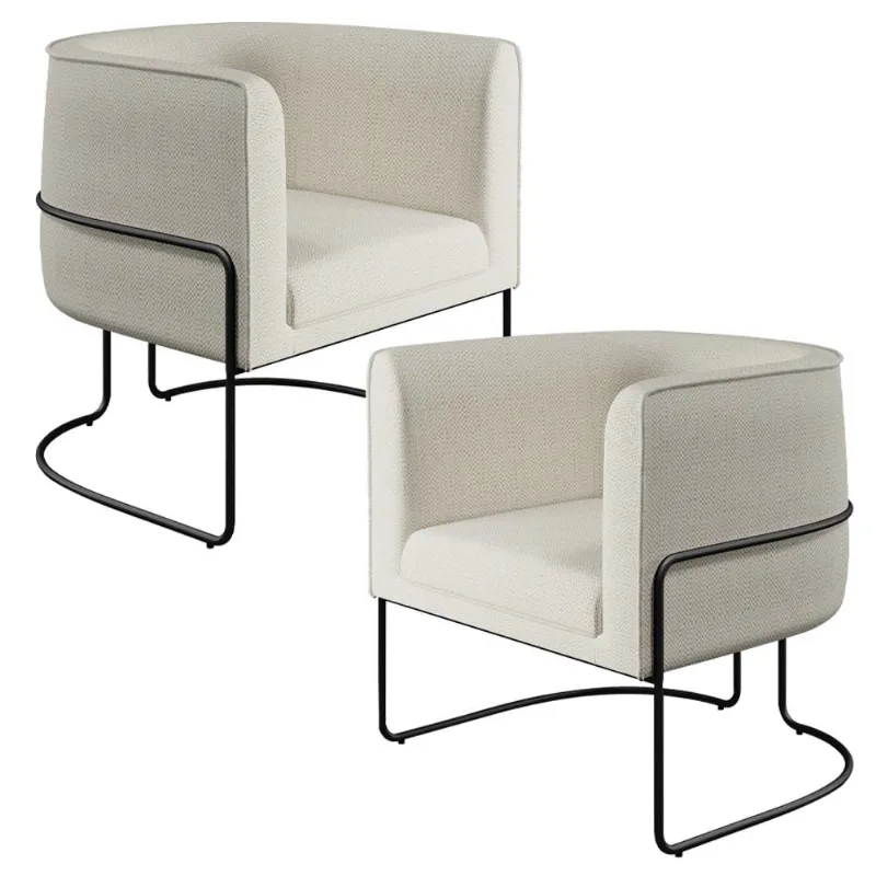 Kit 02 Poltronas Decorativas Fixas Base De Aço Preto Betina D02 Linho Champagne A-49 - Lyam Decor - Lyam Decor