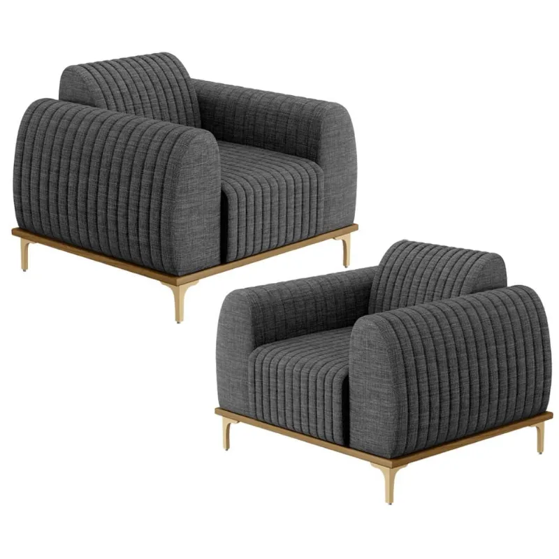 Kit 02 Poltronas Decorativa Base Madeira Pés D'Ouro Molino D02 Linho Cinza Escuro C-416 - Lyam Decor - Lyam Decor
