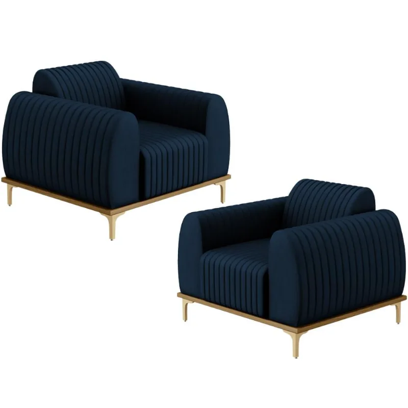 Kit 02 Poltronas Decorativa Base Madeira Pés D'Ouro Molino D02 Veludo Azul Oxford C-304 - Lyam Decor - Lyam Decor