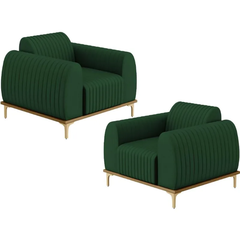 Kit 02 Poltronas Decorativa Base Madeira Pés D'Ouro Molino D02 Veludo Verde Musgo C-303 - Lyam Decor - Lyam Decor