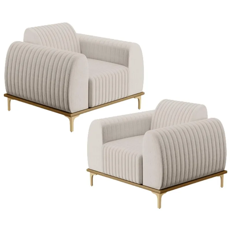 Kit 02 Poltronas Decorativas Base De Madeira Com Pés D'Ouro Molino D02 Linho Cru C-443 - Lyam Decor - Lyam Decor