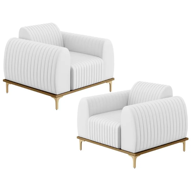 Kit 02 Poltronas Decorativas Base De Madeira e Pés D'Ouro Molino D02 Corano Branco C-12 - Lyam Decor - Lyam Decor