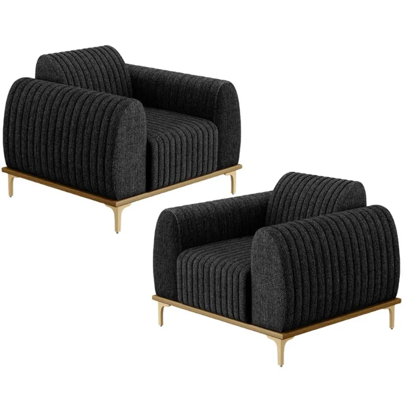 Kit 02 Poltronas Decorativas Base De Madeira e Pés D'Ouro Molino D02 Linho Chumbo D-465 - Lyam Decor - Lyam Decor