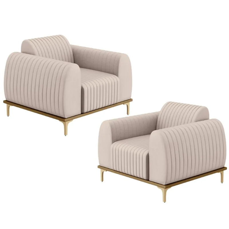 Kit 02 Poltronas Decorativas Base De Madeira e Pés D'Ouro Molino D02 Veludo Bege C-309 - Lyam Decor - Lyam Decor