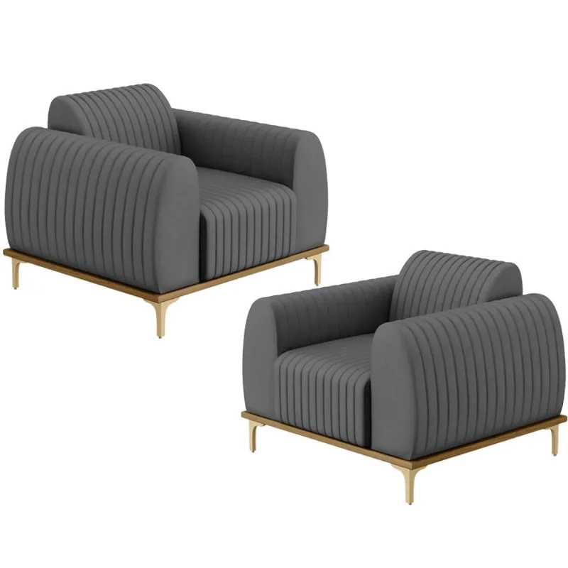 Kit 02 Poltronas Decorativas Base De Madeira e Pés D'Ouro Molino D02 Veludo Cinza C-317 - Lyam Decor - Lyam Decor
