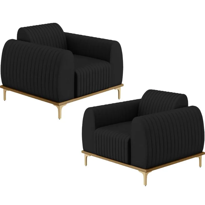 Kit 02 Poltronas Decorativas Base De Madeira e Pés D'Ouro Molino D02 Veludo Preto C-300 - Lyam Decor - Lyam Decor