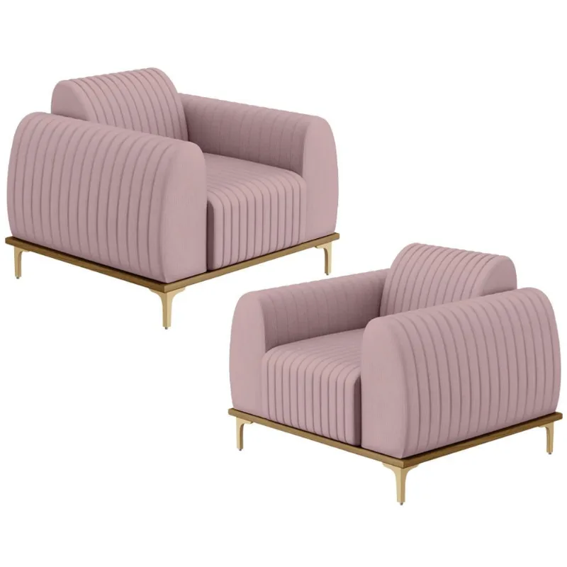 Kit 02 Poltronas Decorativas Base De Madeira e Pés D'Ouro Molino D02 Veludo Rosê C-305 - Lyam Decor - Lyam Decor