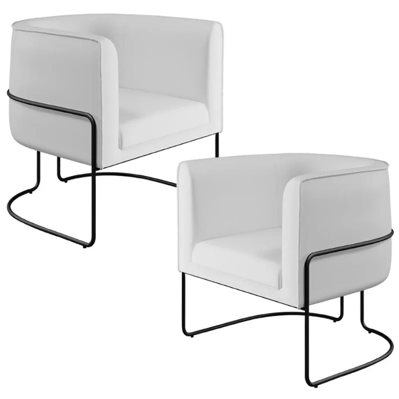 Kit 02 Poltronas Decorativas Fixas Base De Aço Preto Betina D02 Corano Branco C-12 - Lyam Decor - Lyam Decor