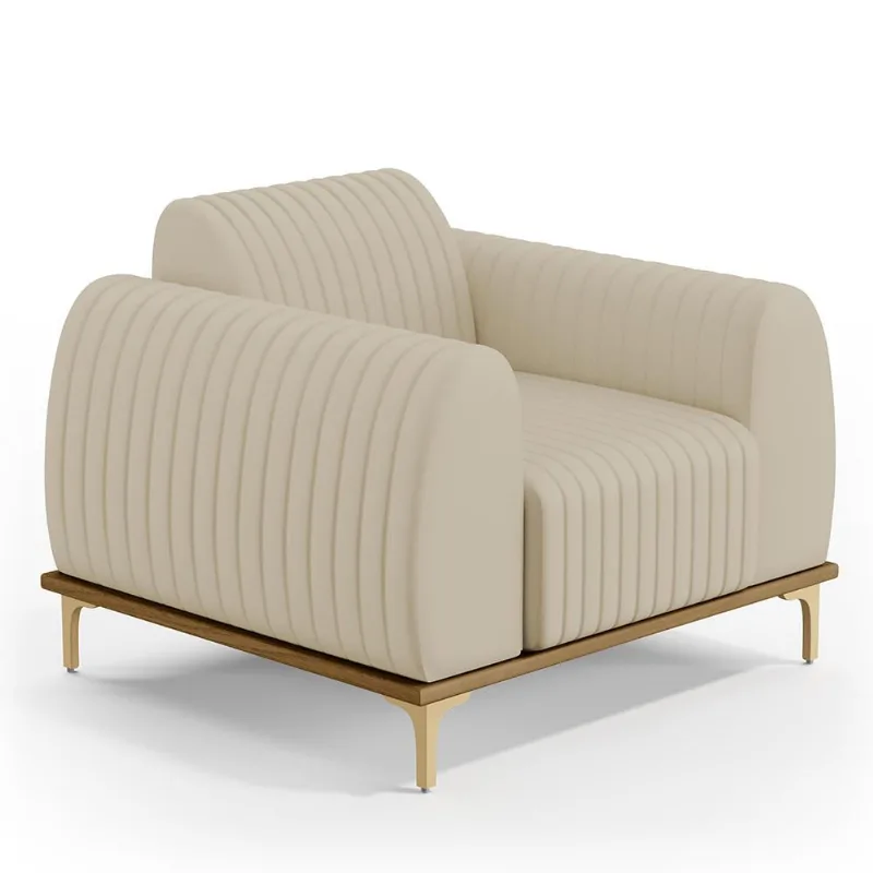 Poltrona Decorativa Base De Madeira e Pés Metalizado D'Ouro Molino D02 Corano Bege C-26 - Lyam Decor