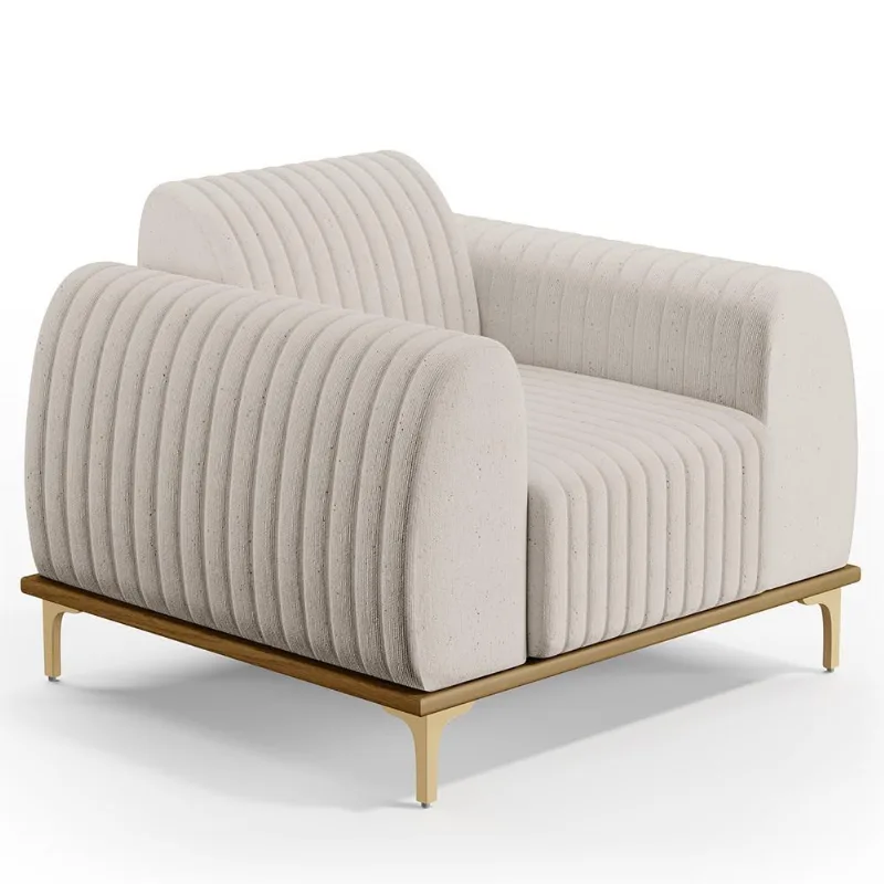 Poltrona Decorativa Base De Madeira e Pés Metalizado D'Ouro Molino D02 Linho Cru C-443 - Lyam Decor